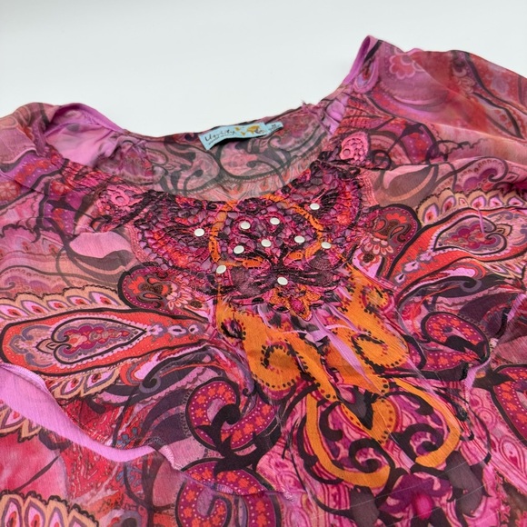 Unity World Wear Women’s Pink Orange Studded Patterned Top Medium Flutter Sleeve - Picture 6 of 14